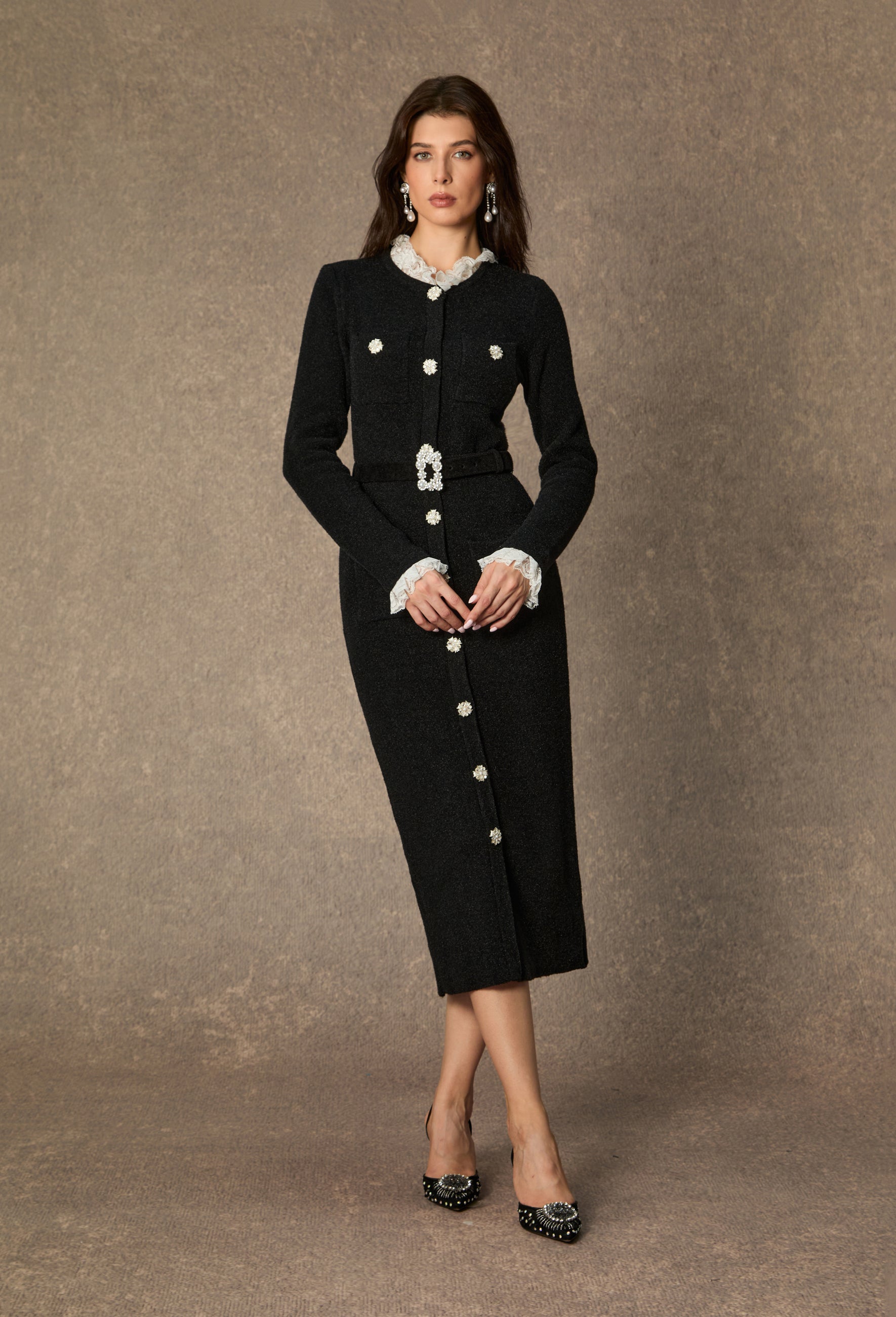 Classic Poise Black Ruffle Trim Knit Midi Dress