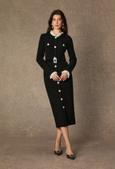 Classic Poise Black Ruffle Trim Knit Midi Dress