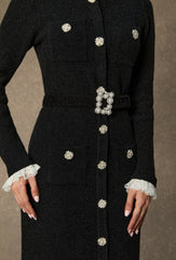 Classic Poise Black Ruffle Trim Knit Midi Dress