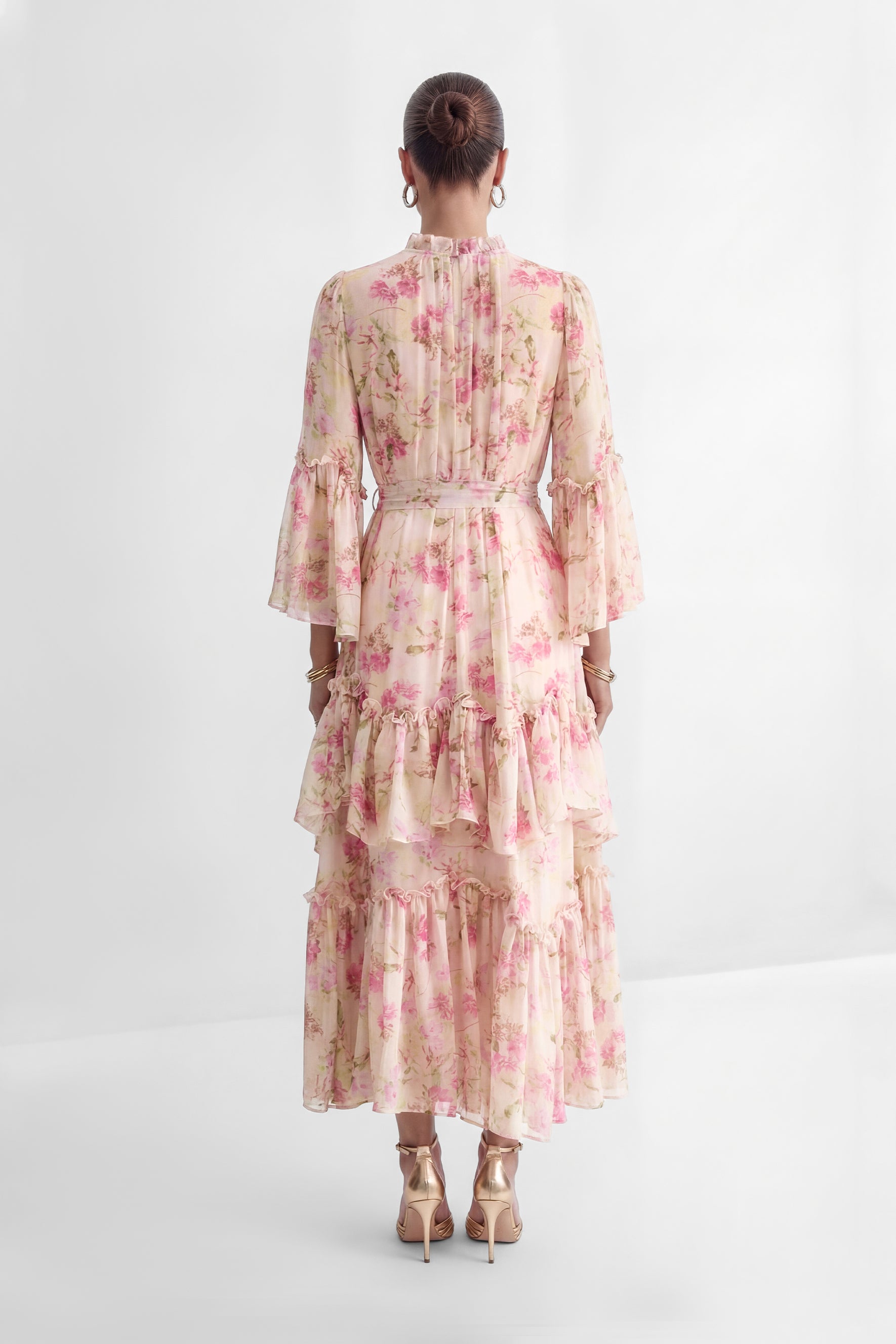 Dreamy Occasions Pink Floral Print Tiered Ruffle Maxi Dress