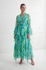 Vibes On Point Mint Green Abstract Print Tiered Ruffle Maxi Dress