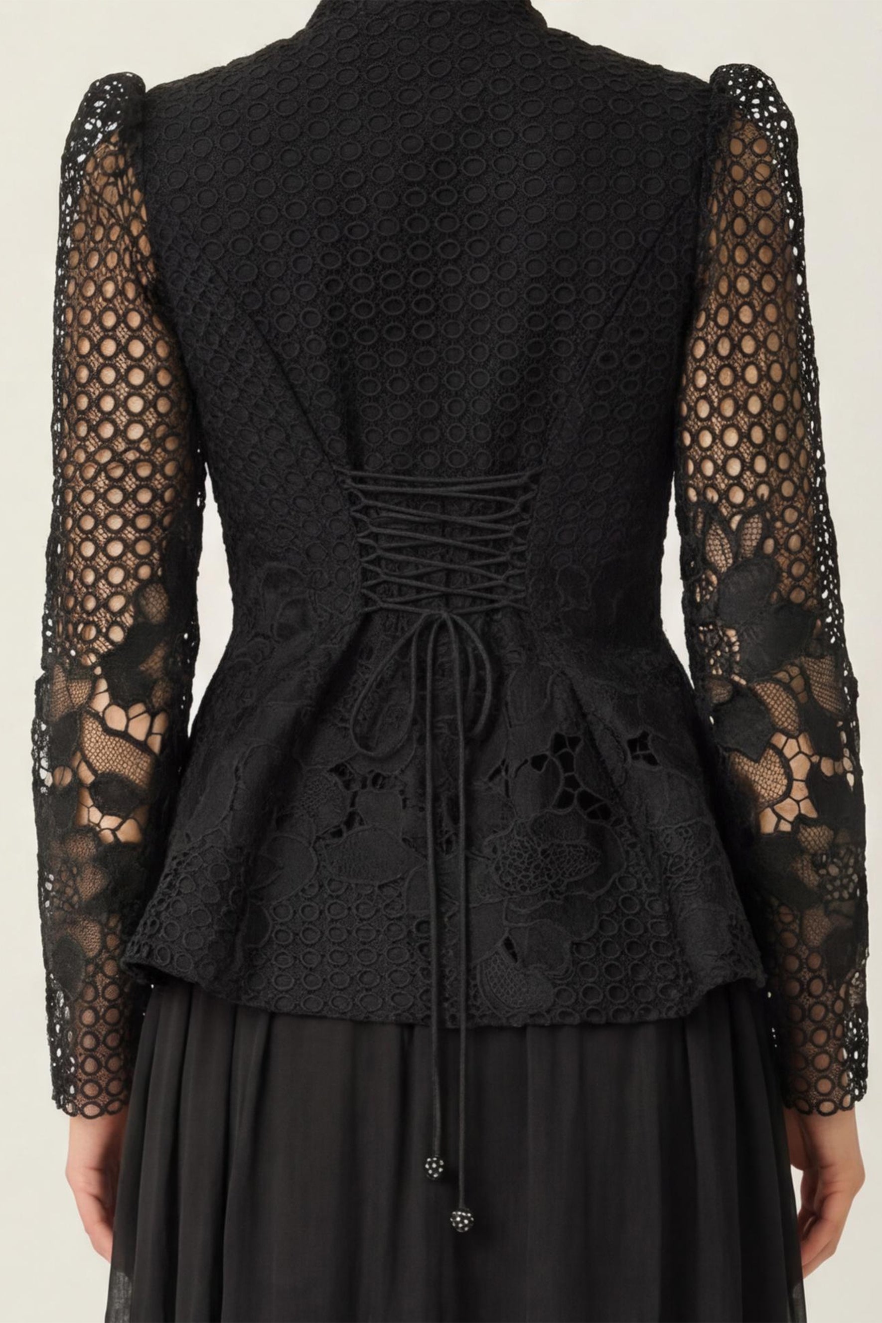 Evenings of Elegance Black Floral Embroidery Sheer Sleeve Top & Skirt Set