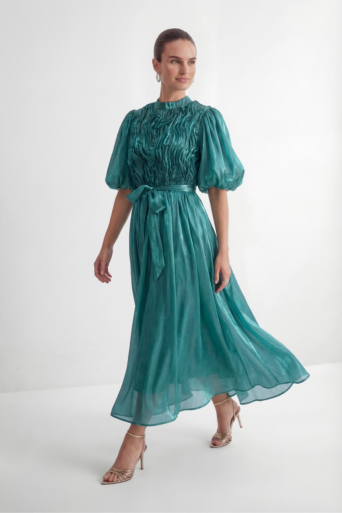 Graceful Darling Blue Ruffled Bodice Puff Sleeve Maxi Dress