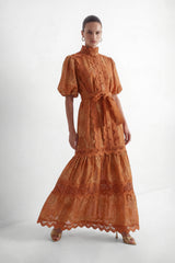 Secret Rendezvous Brown Leaf Embroidered Tiered Maxi Dress