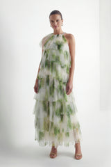 Garden Romance Green Leaf Print Tiered Tulle Maxi Dress
