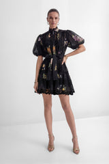 Radiance In The Dark Black Floral Print Lace Trim Mini Dress