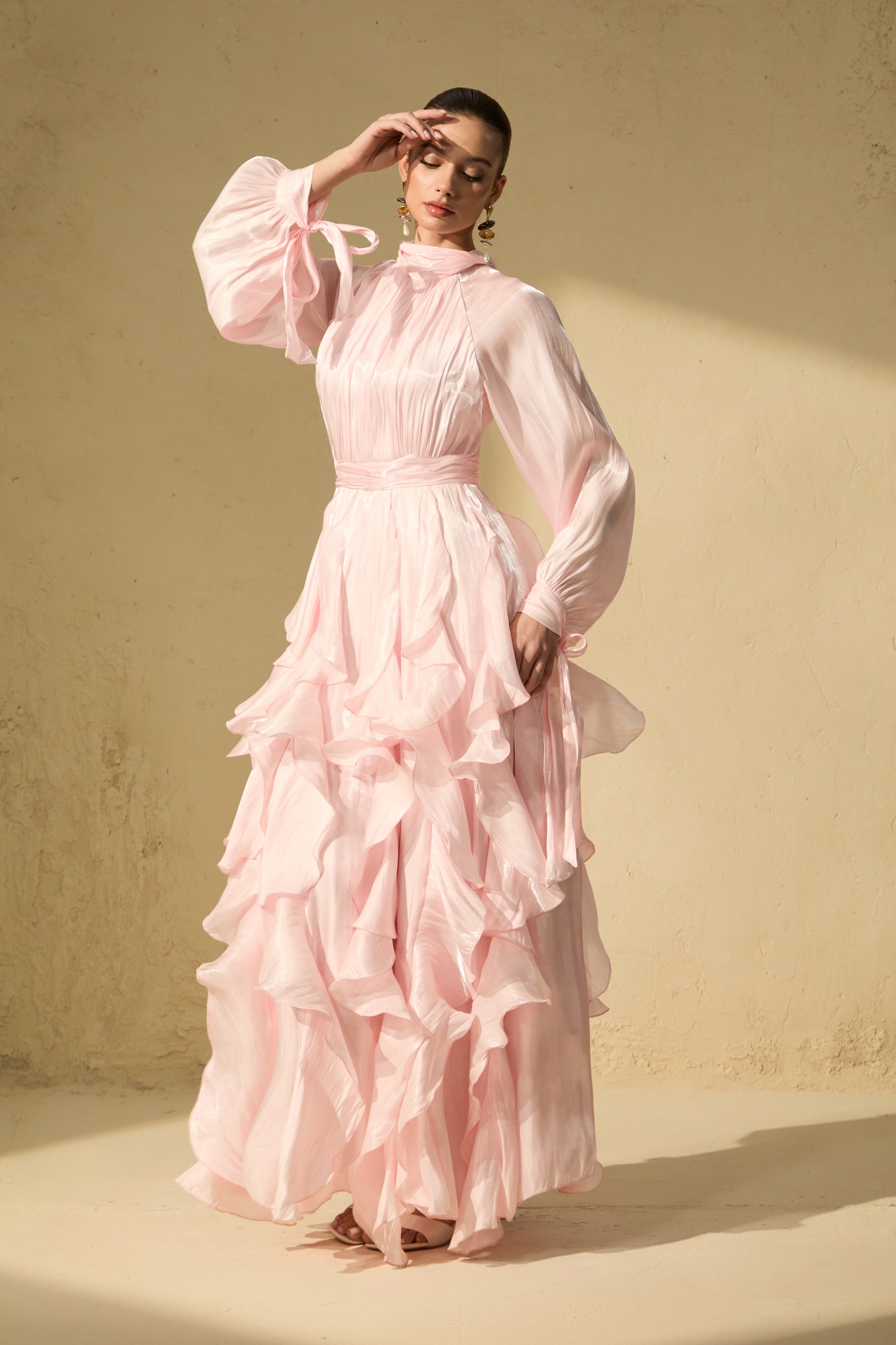 Estella Puff Sleeve Ruffle Trim Maxi Dress