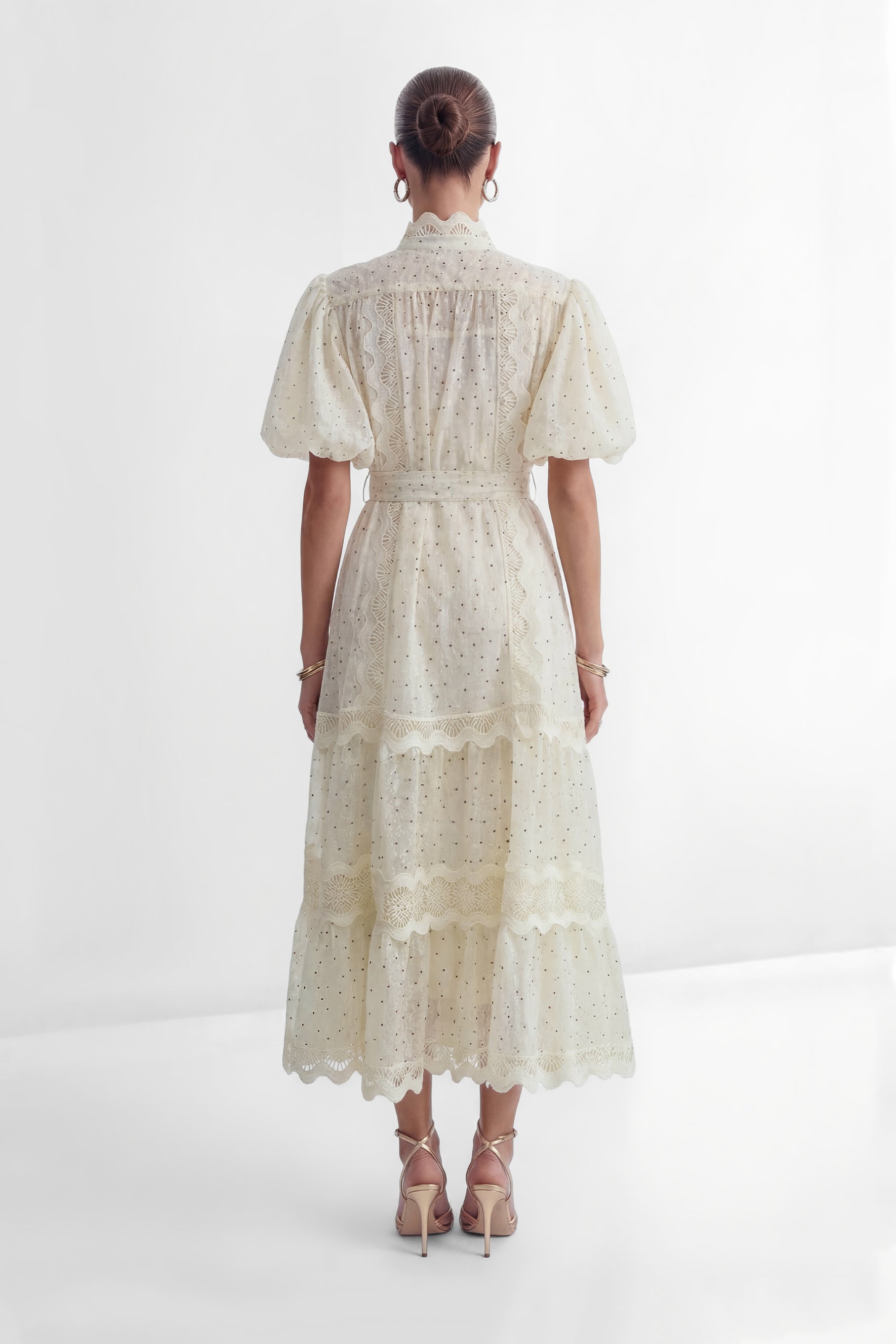 Momentous Love Beige Lace Trim Polka Dot Maxi Dress