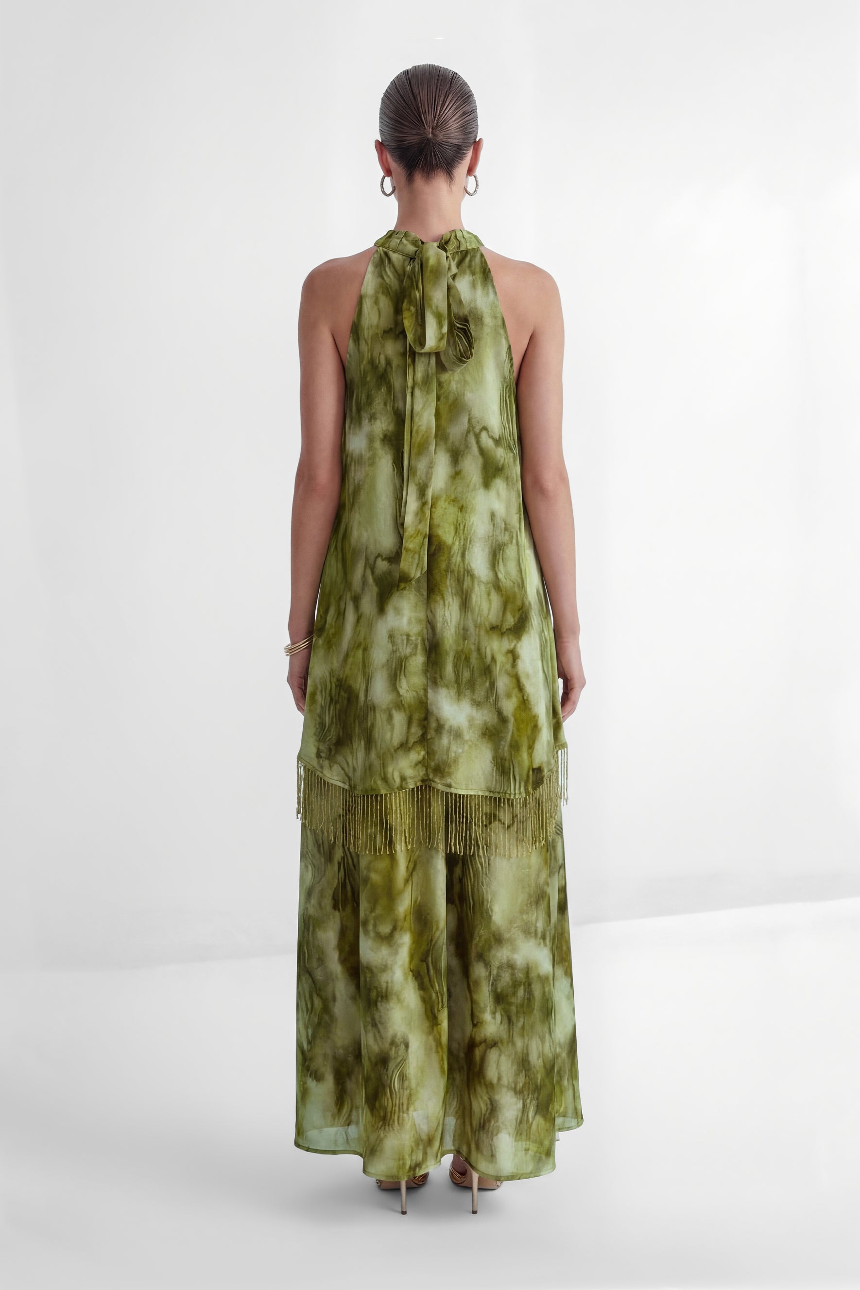 Pure Reverie Green Halter Neck Fringe Maxi Dress