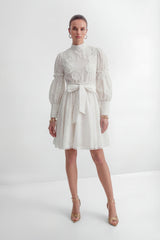 Loveliest Looks White Floral Embroidery Belted Mini Dress