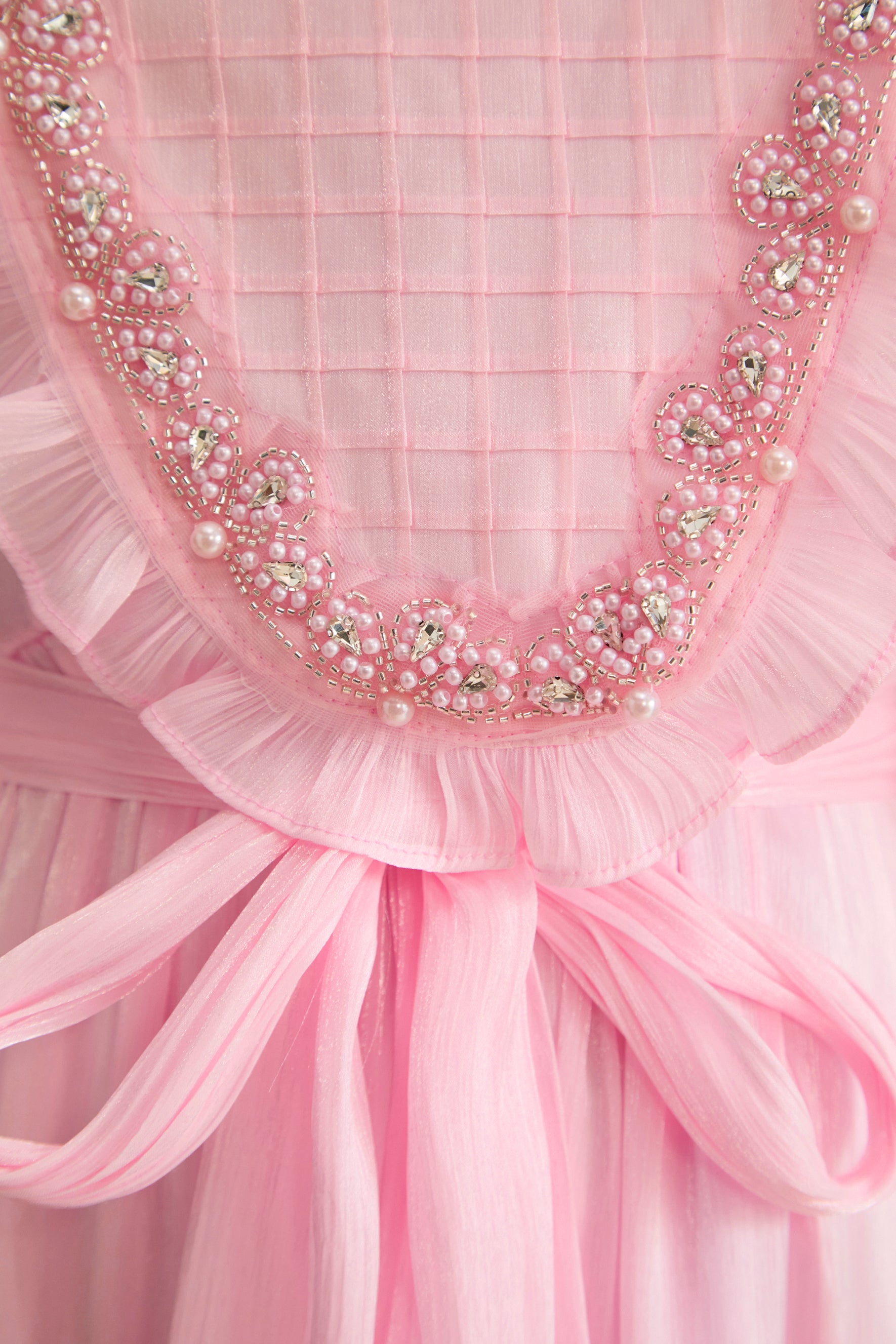 Wanna Know Your Name Pink Beaded Ruffle Trim Maxi Dress