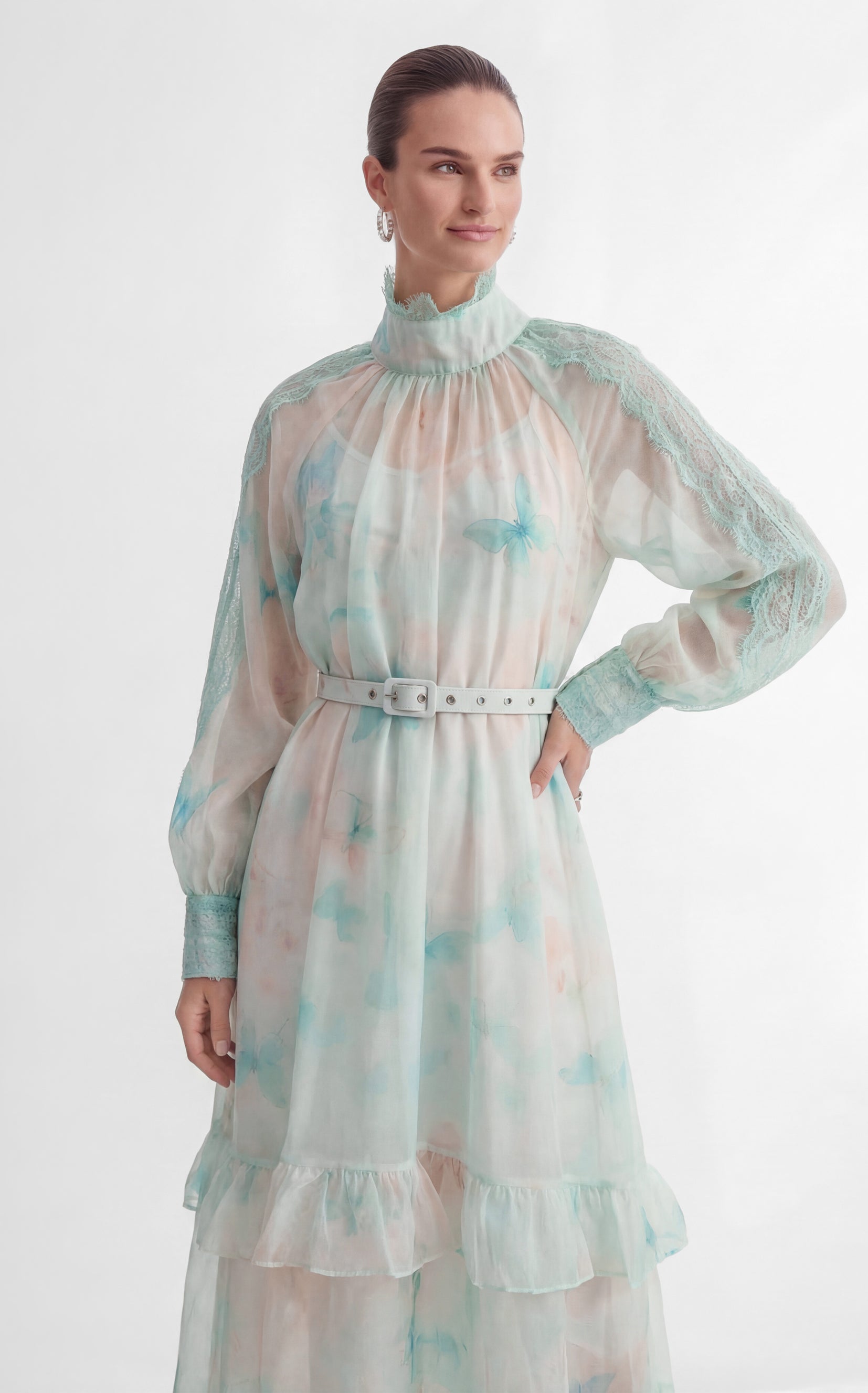 Venus Chartreuse Mint Butterfly Print Tiered Ruffle Maxi Dress