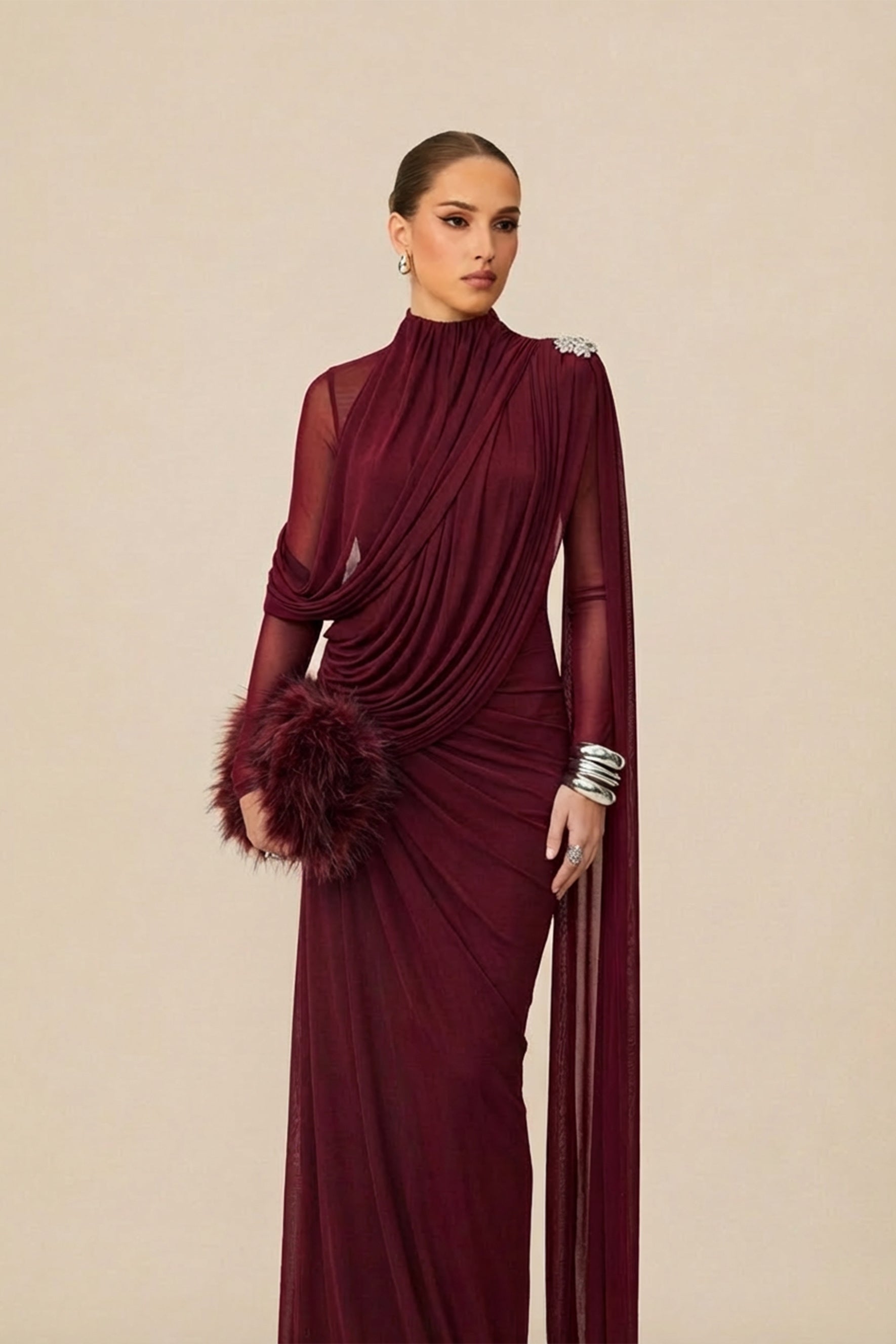 Gala Ready Burgundy Asymmetric Draped Cape Maxi Dress