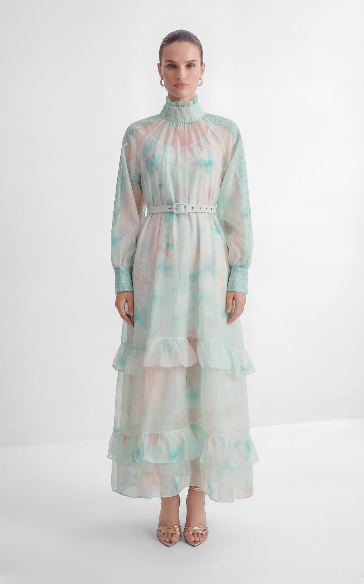 Venus Chartreuse Mint Butterfly Print Tiered Ruffle Maxi Dress