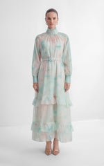 Venus Chartreuse Mint Butterfly Print Tiered Ruffle Maxi Dress