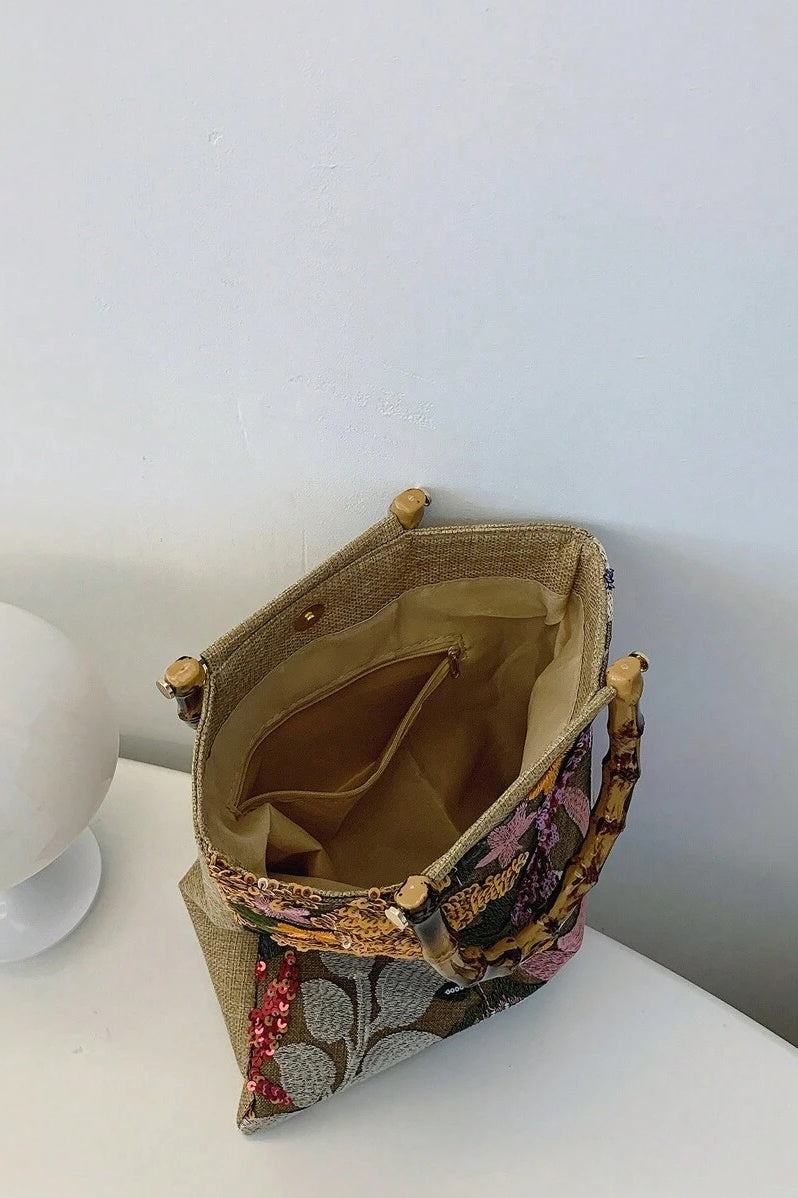 Sequin Embroidered Bamboo-handle Tote Bag