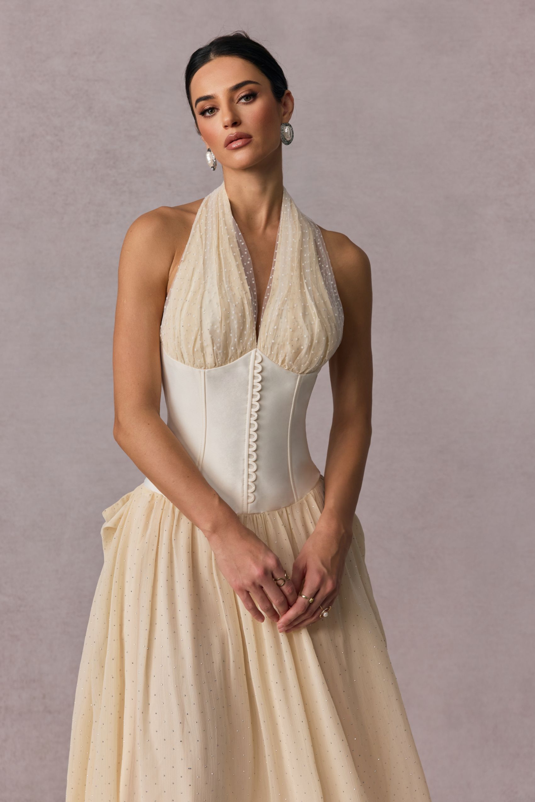 Vivien Halterneck Tulle Overlay Maxi Dress