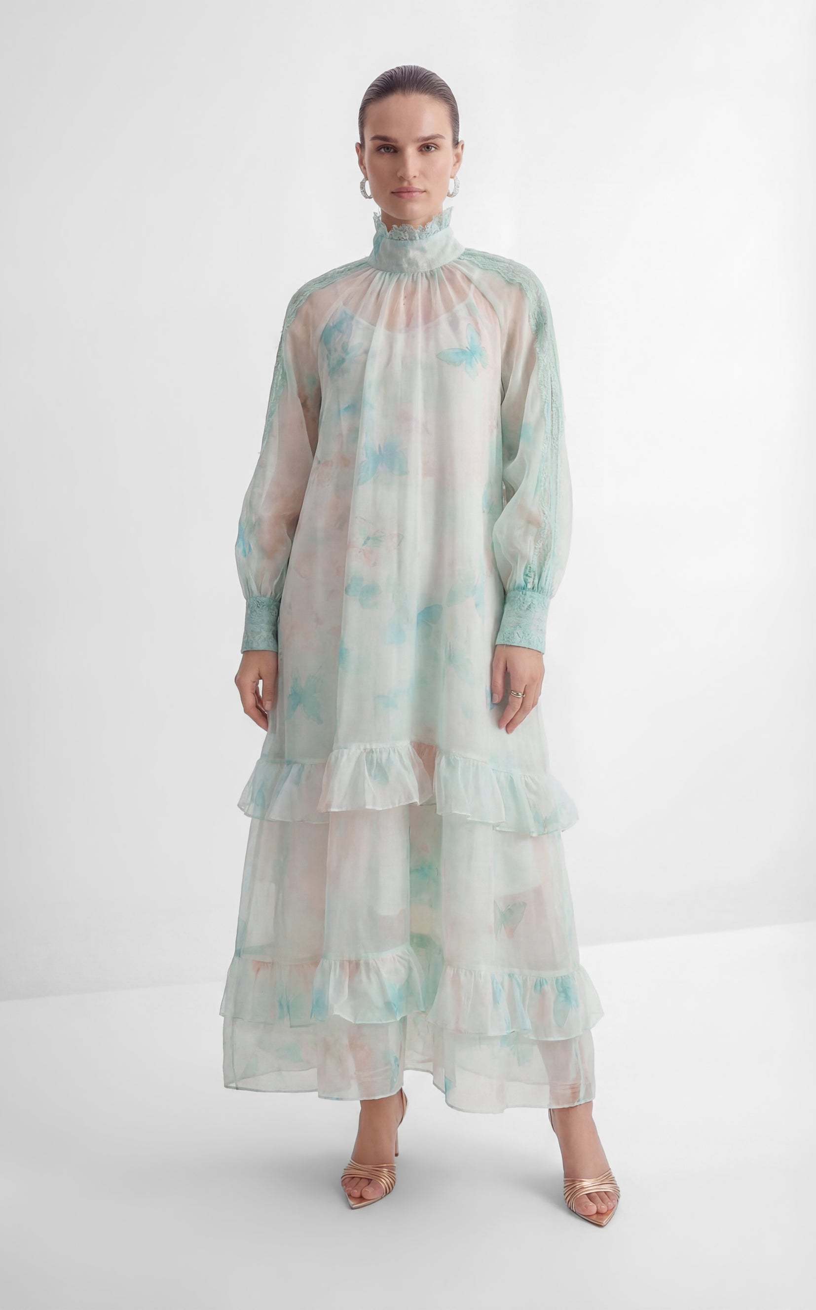 Venus Chartreuse Mint Butterfly Print Tiered Ruffle Maxi Dress