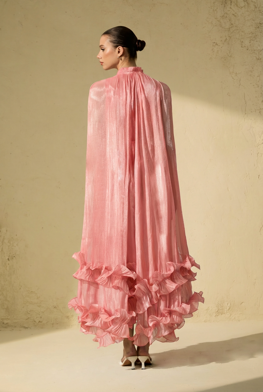 Shirley Pink Cape-effect Ruffled Midi Dress