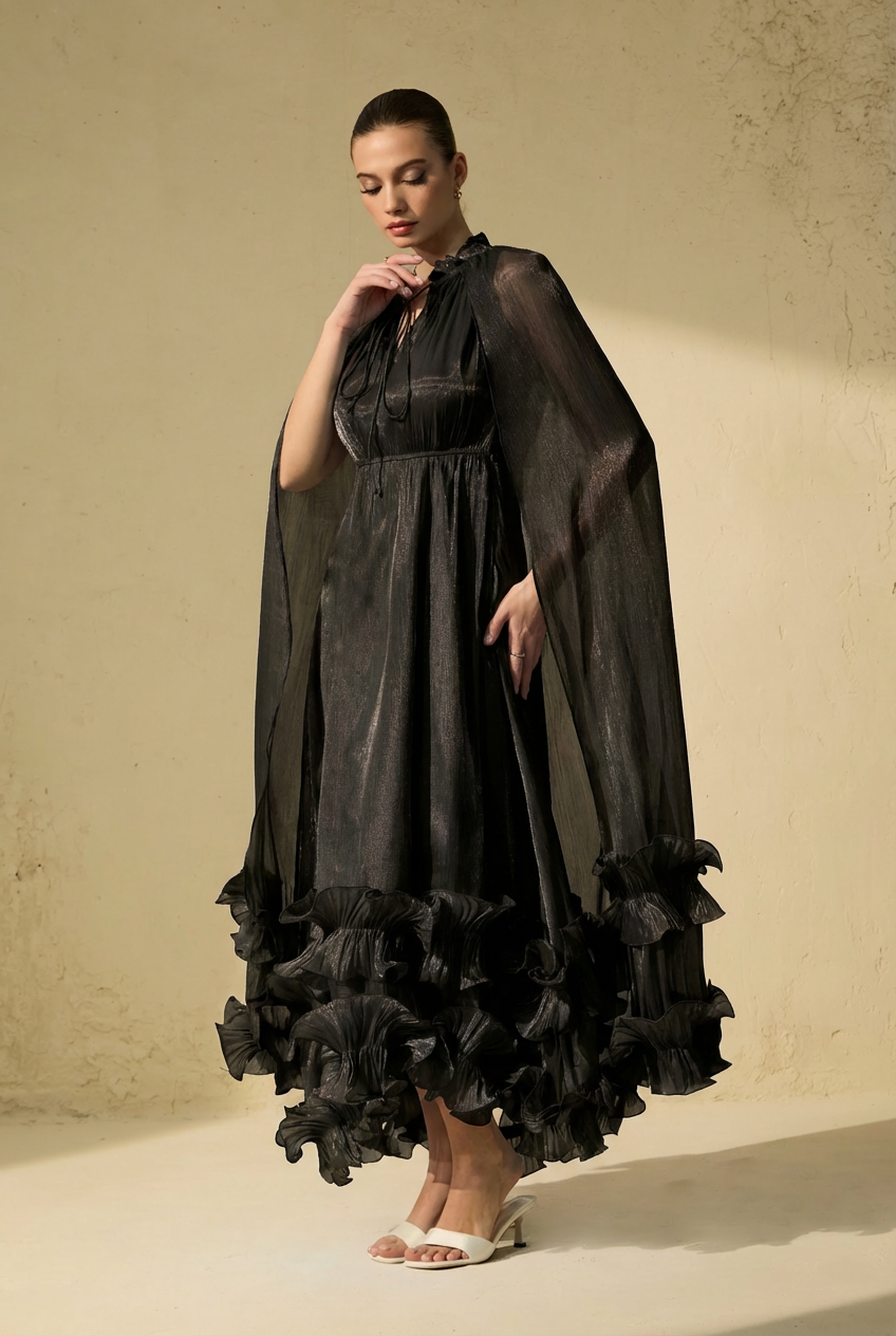 Shirley Black Cape-effect Ruffled Midi Dress
