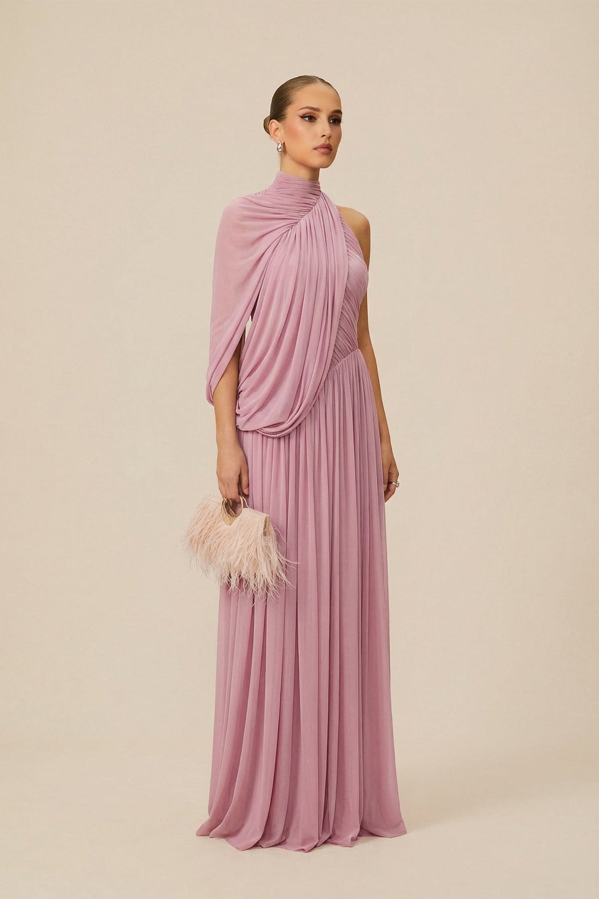 Desirable Date Dusty Pink One Sleeve Draped Maxi Dress