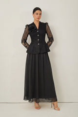 Evenings of Elegance Black Floral Embroidery Sheer Sleeve Top & Skirt Set