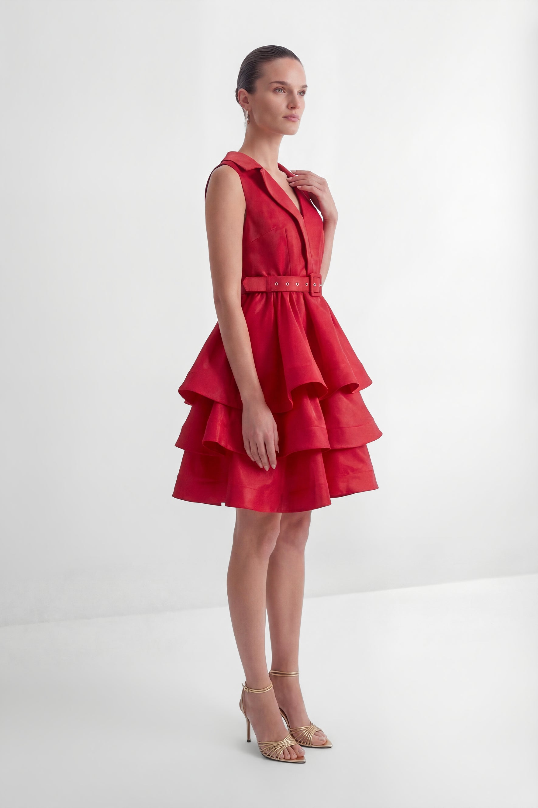 Stars Are Shining Red V-neck Tiered Ruffle Mini Dress