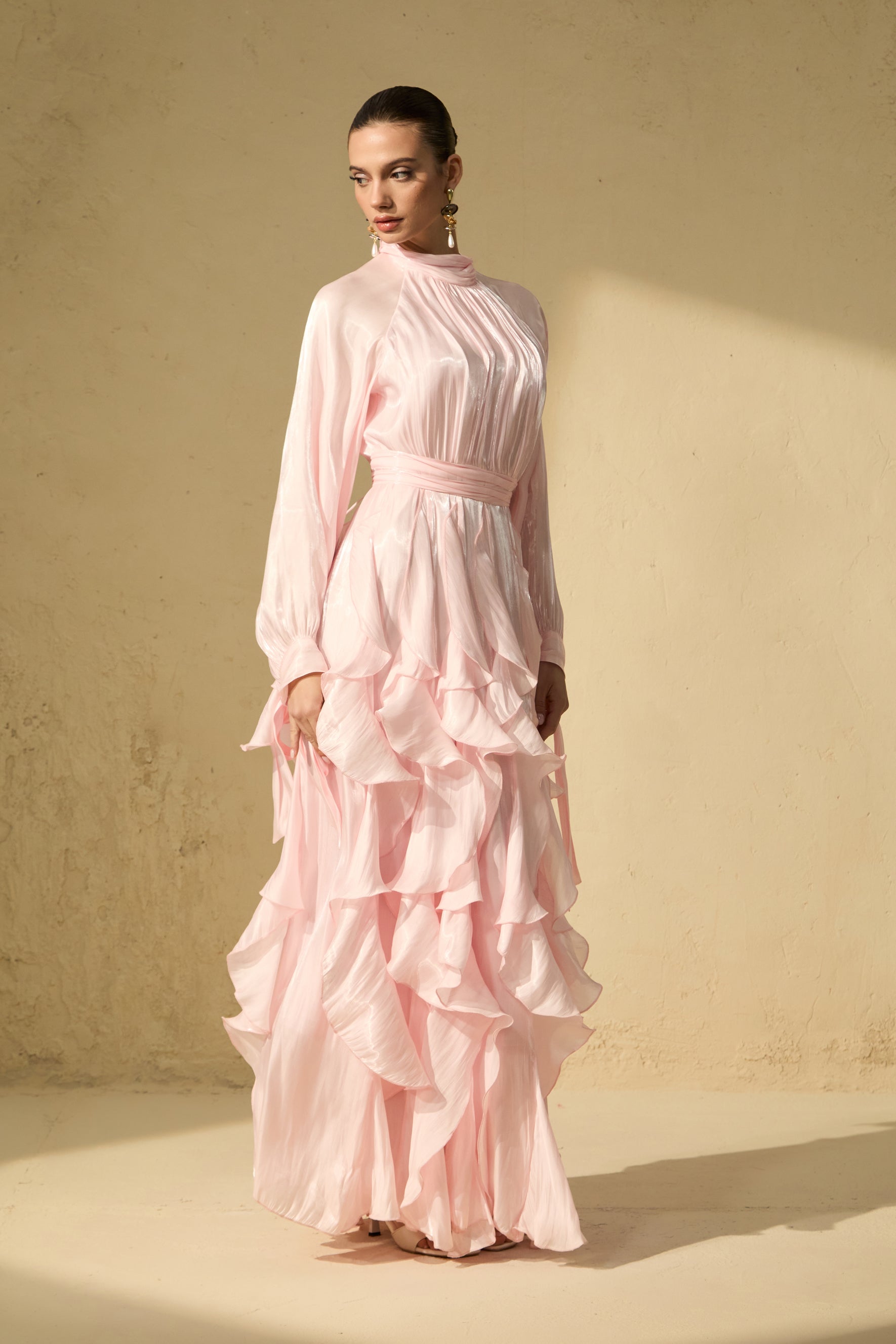 Estella Puff Sleeve Ruffle Trim Maxi Dress