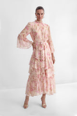 Dreamy Occasions Pink Floral Print Tiered Ruffle Maxi Dress