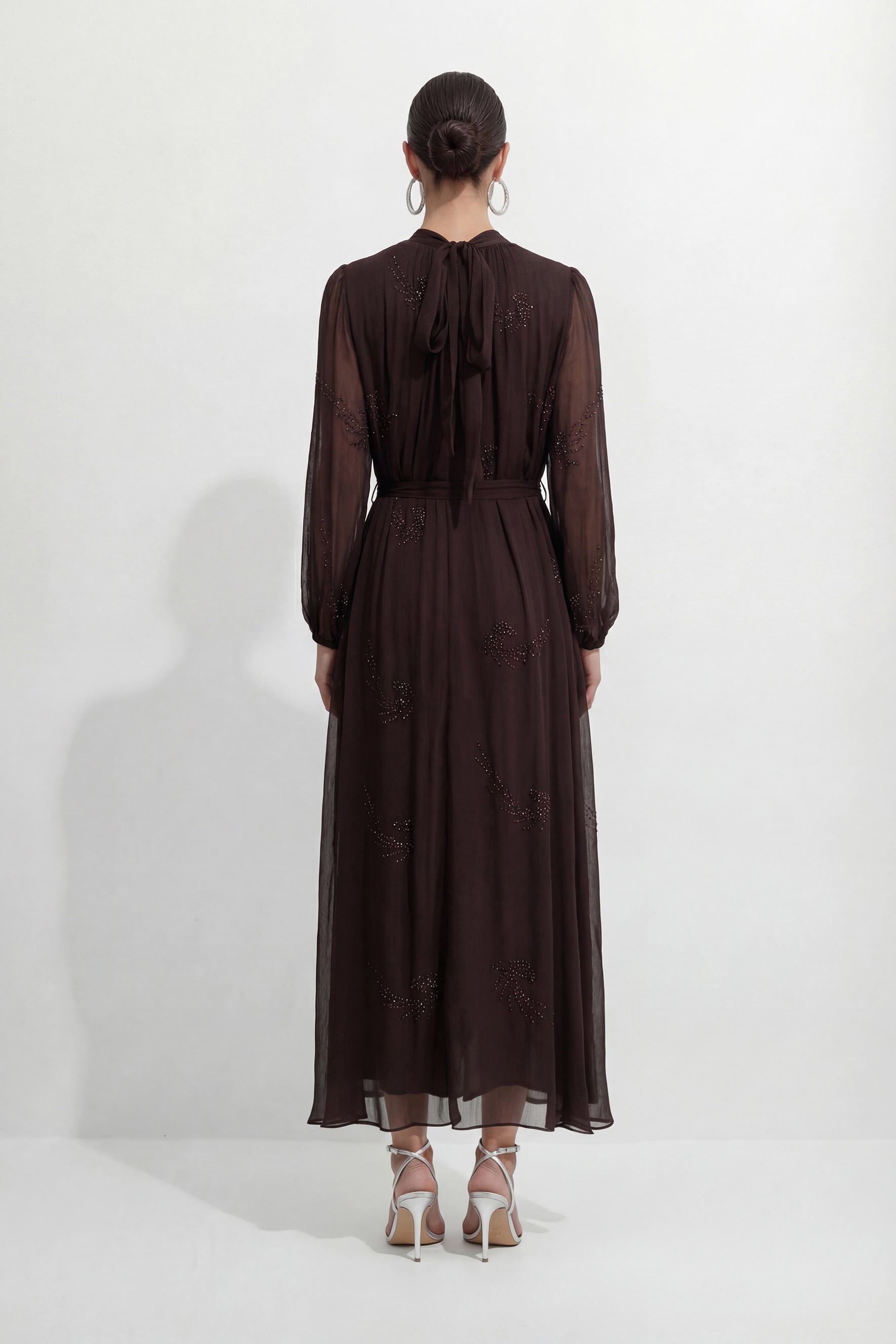 Slow Glamour Brown Rhinestone Embellished Silk Maxi Dress
