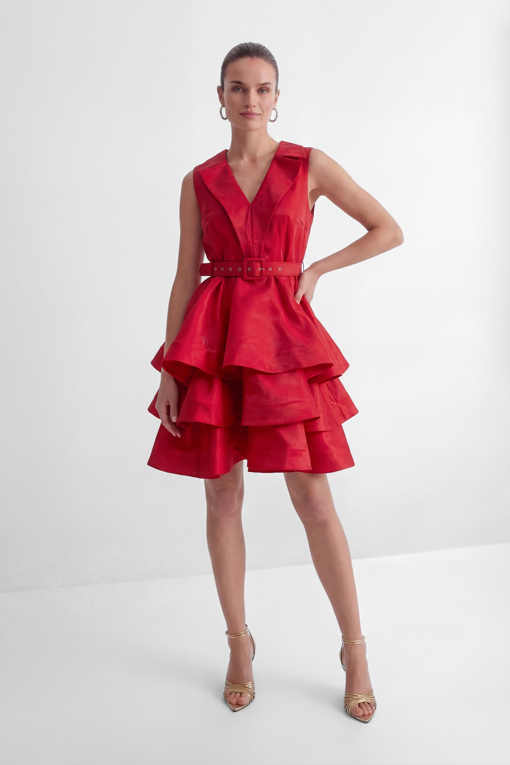 Stars Are Shining Red V-neck Tiered Ruffle Mini Dress
