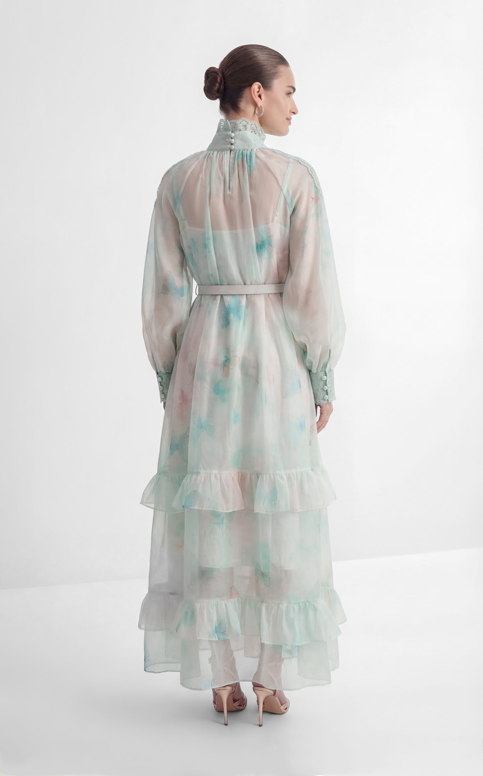 Venus Chartreuse Mint Butterfly Print Tiered Ruffle Maxi Dress