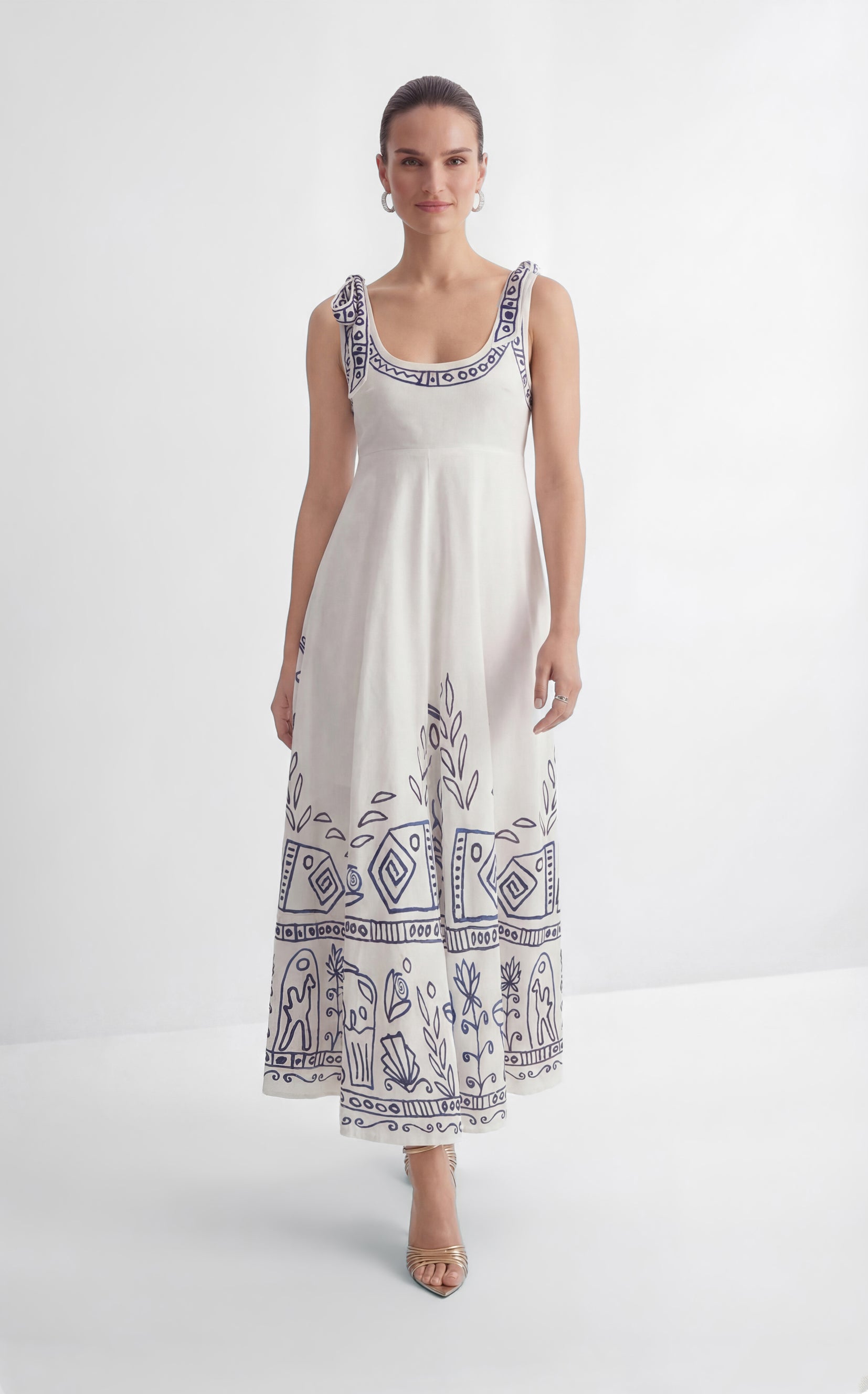 Garden Explorer White Printed Bow Strap Maxi Dress