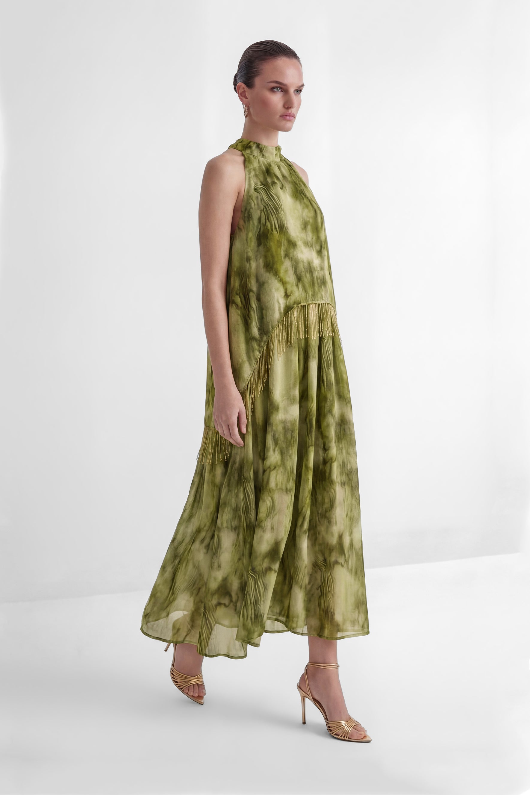 Pure Reverie Green Halter Neck Fringe Maxi Dress
