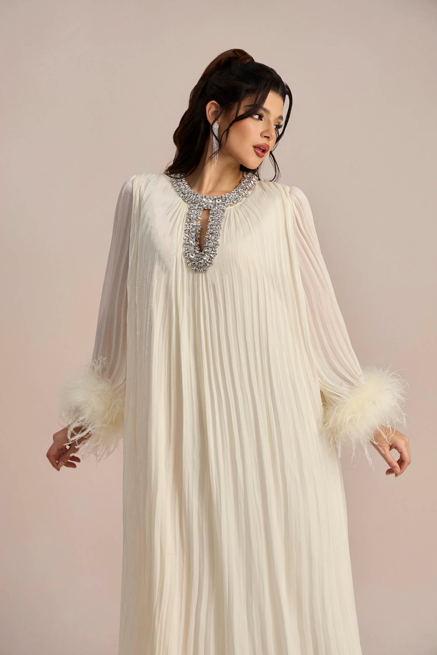 Yvonne Diamante Feathered Pleated Maxi Chiffon Dress