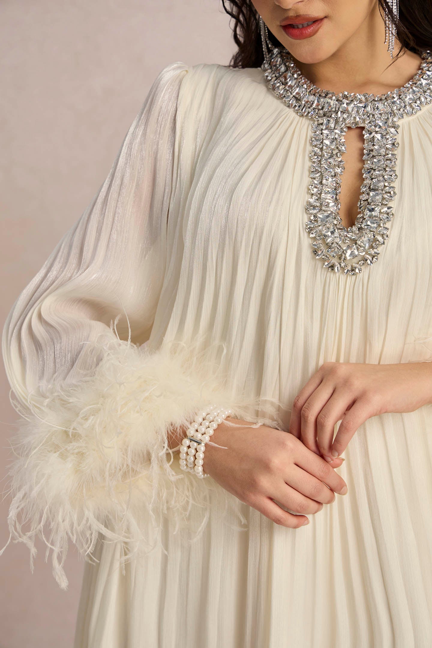 Yvonne Diamante Feathered Pleated Maxi Chiffon Dress