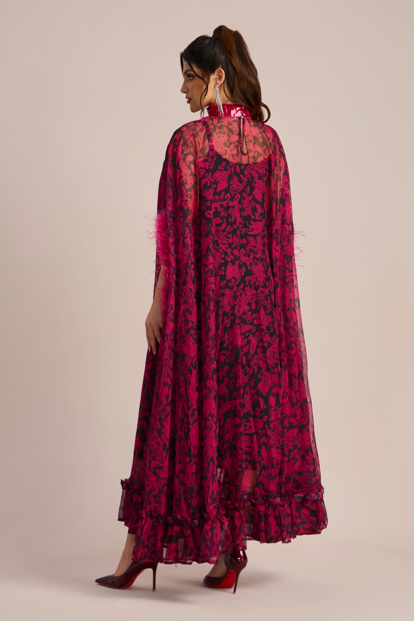 Dana Sequins Feather Printed Maxi Dress