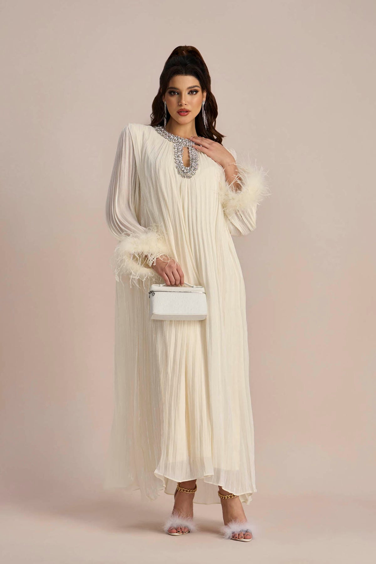 Yvonne Diamante Feathered Pleated Maxi Chiffon Dress