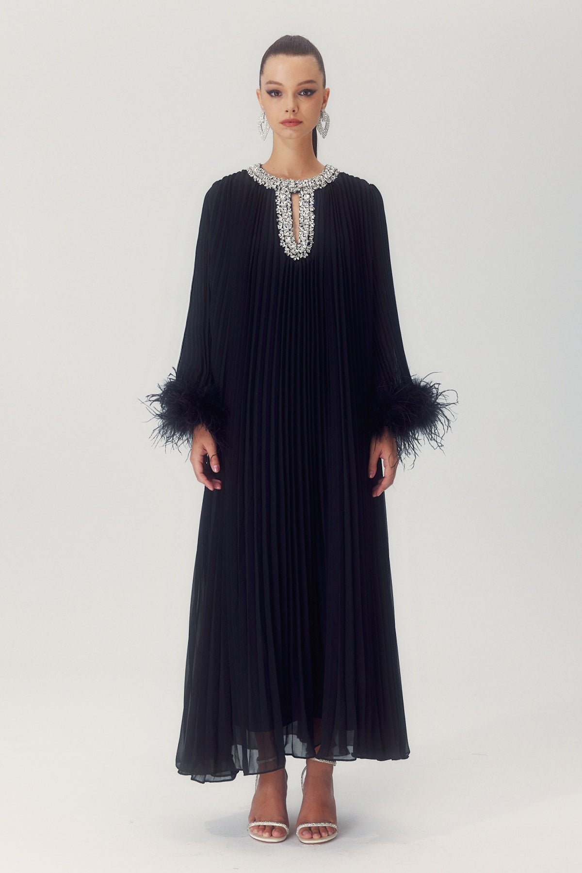 Yvonne Diamante Feathered Pleated Maxi Chiffon Dress