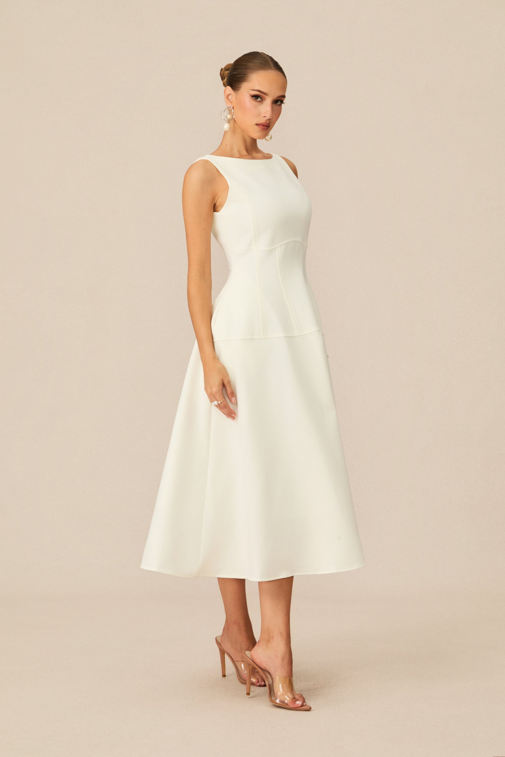Classic Charm White Sleeveless Midi Dress