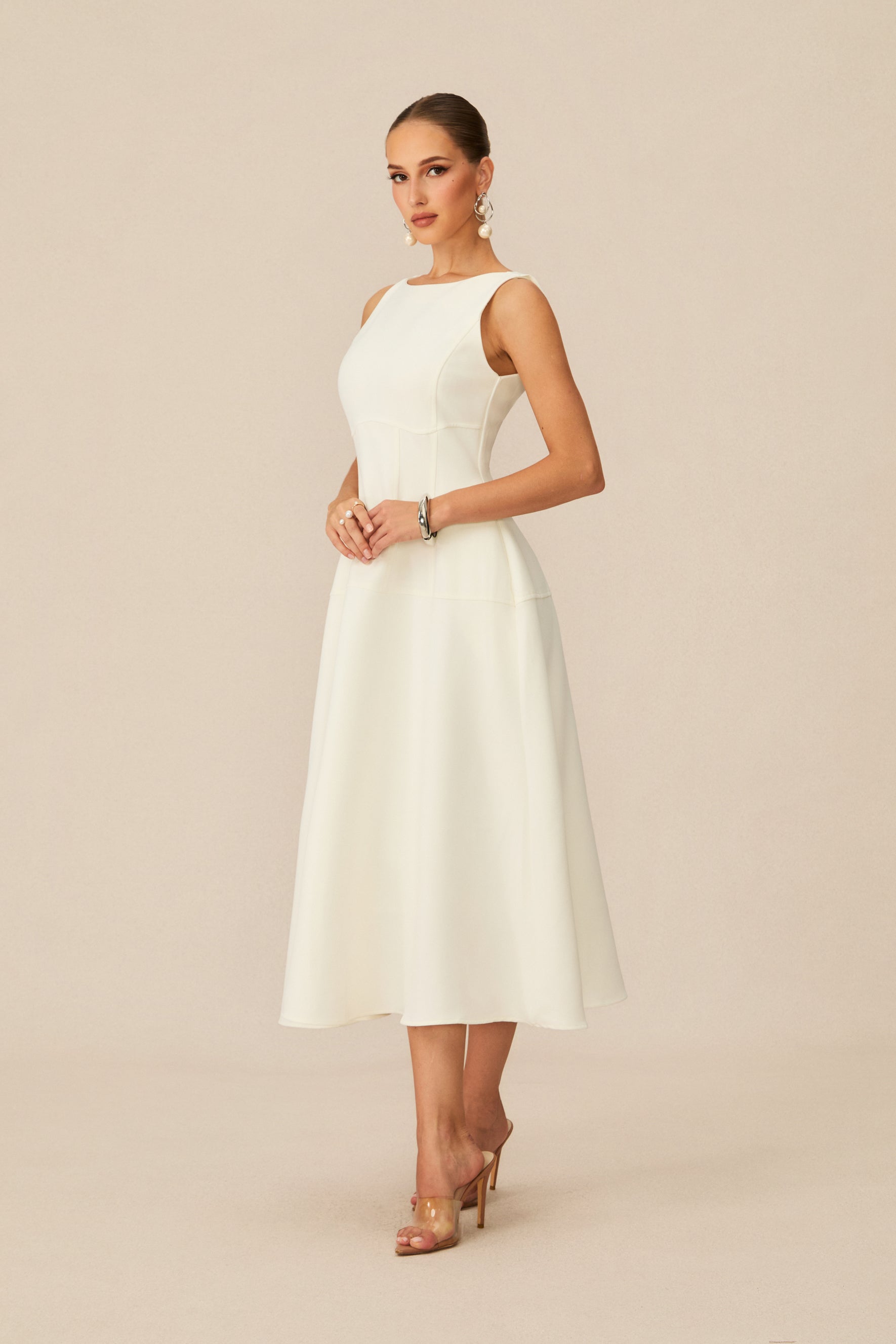 Classic Charm White Sleeveless Midi Dress