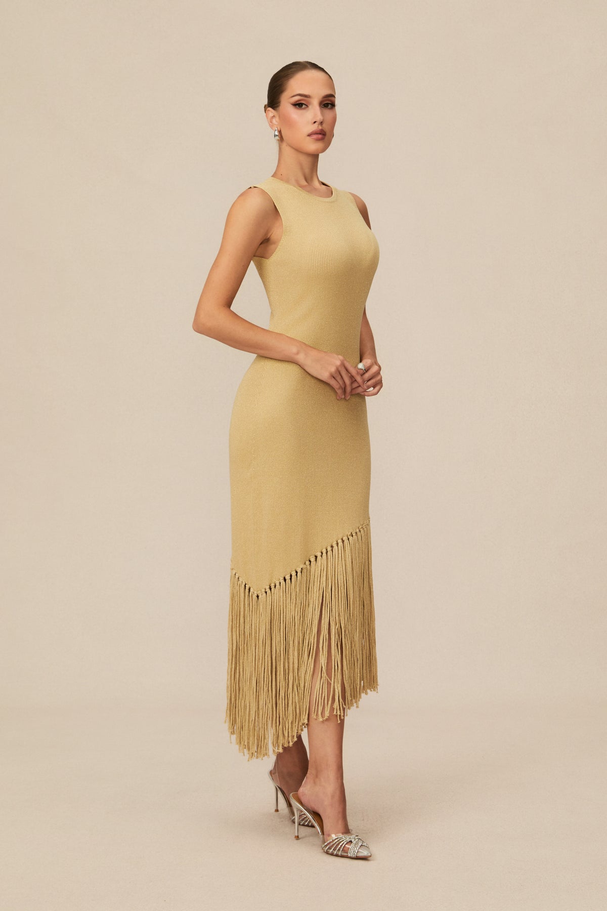 Easily Gorgeous Beige Fringe Knit Midi Dress