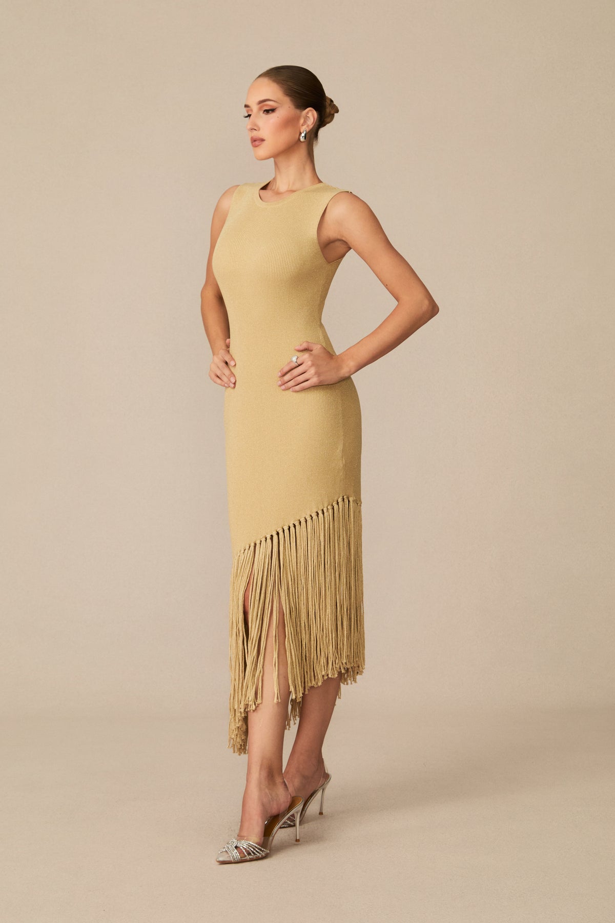 Easily Gorgeous Beige Fringe Knit Midi Dress