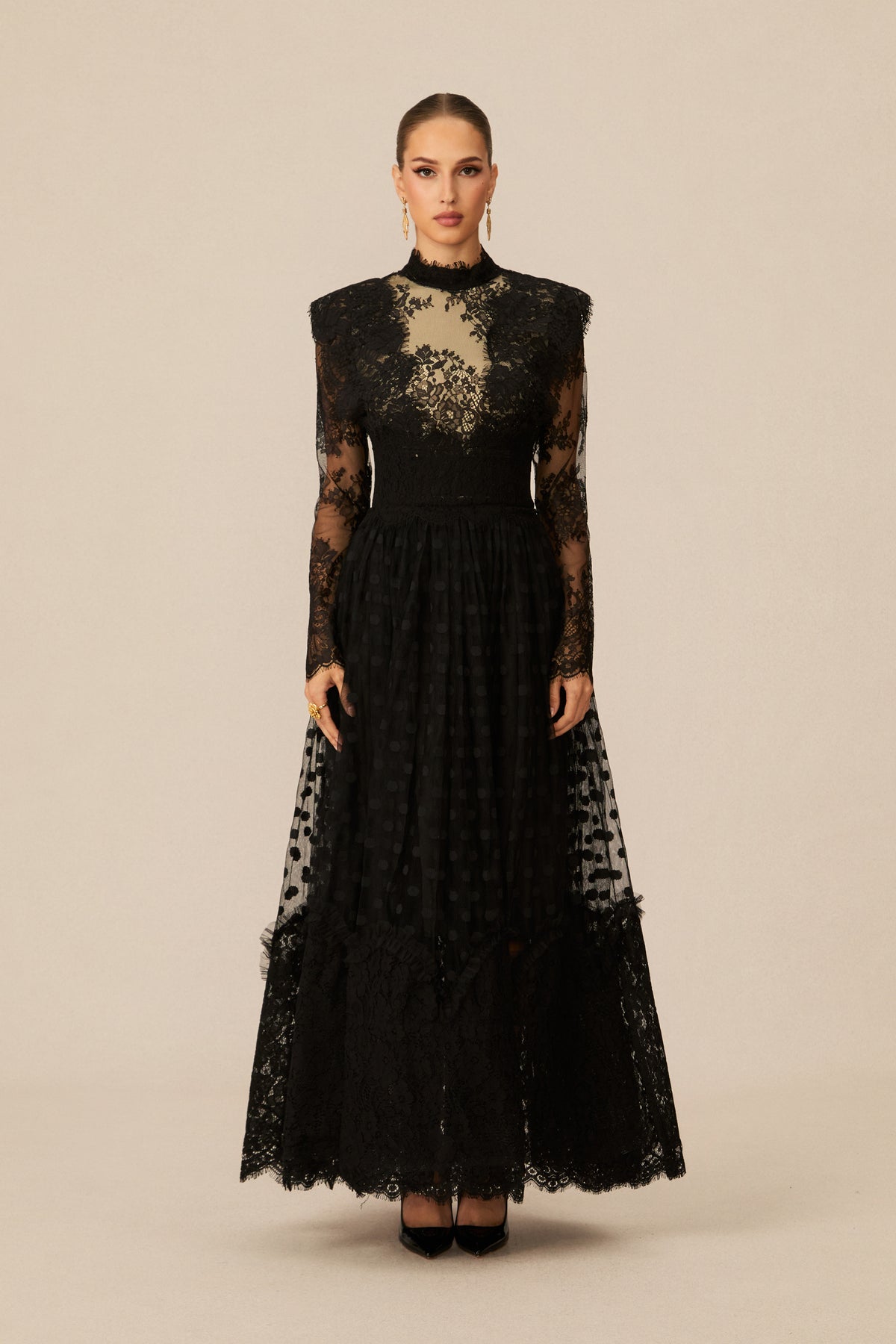 Elegant Enchantment Black Polka Dot Lace Maxi Dress