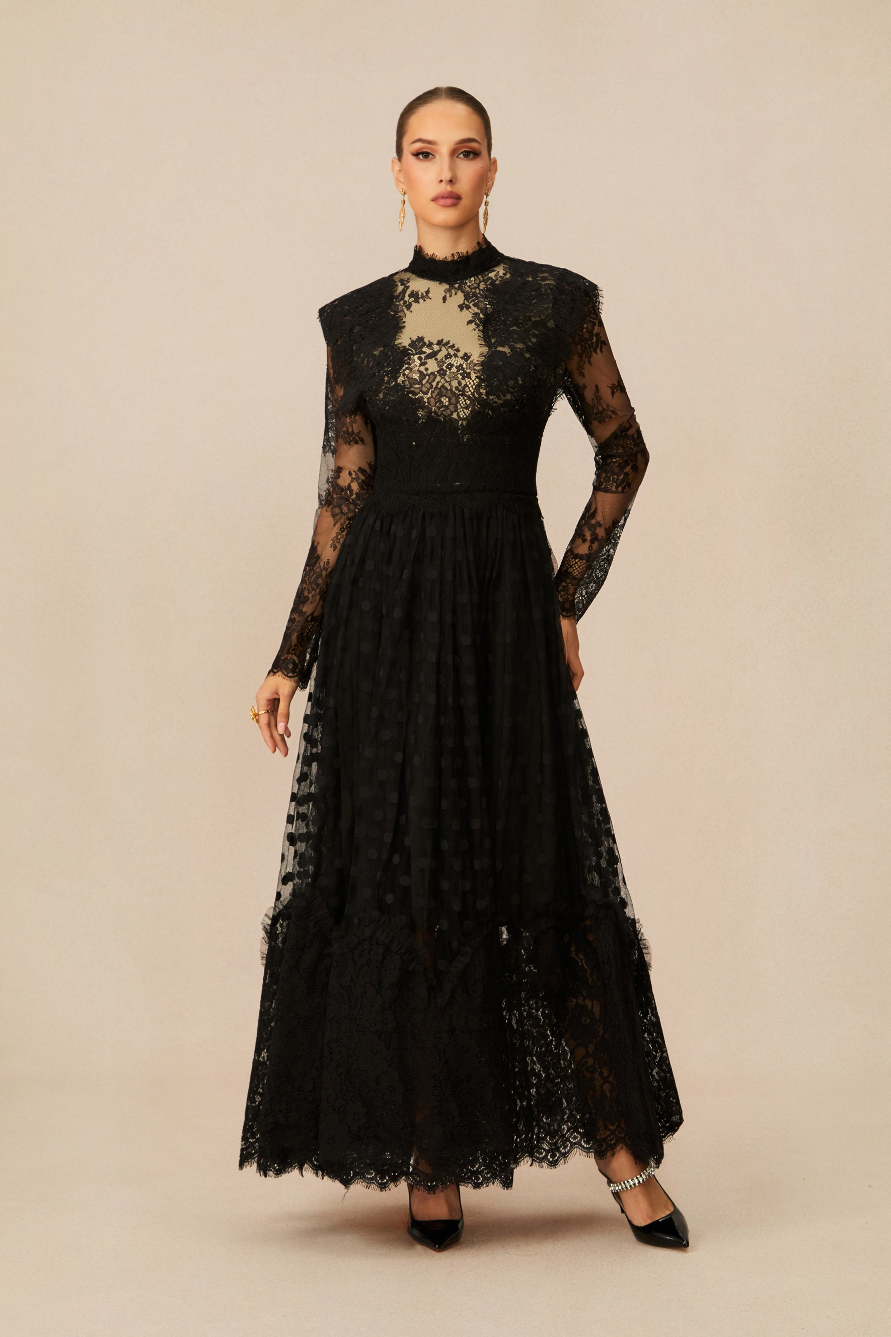Elegant Enchantment Black Polka Dot Lace Maxi Dress