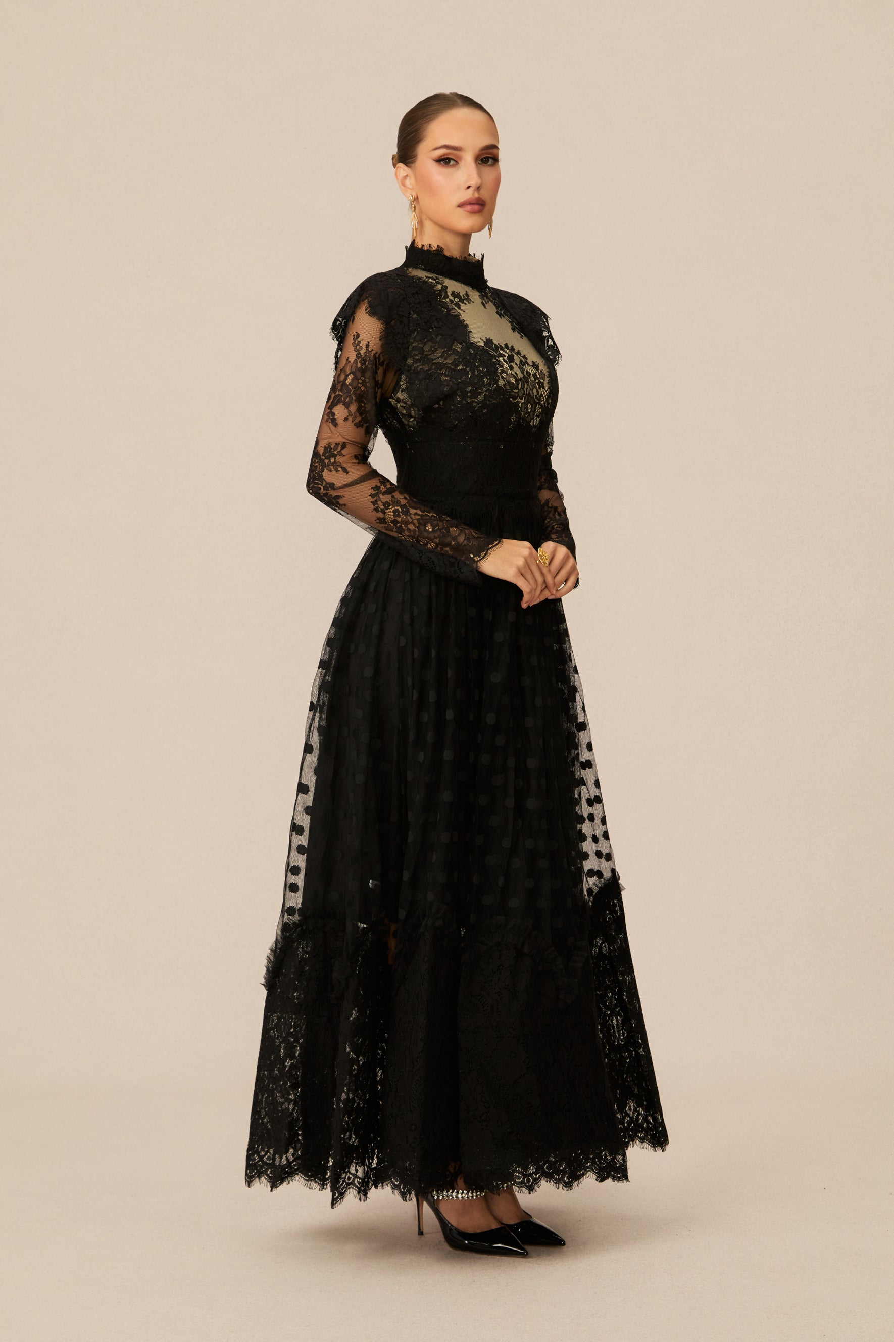 Elegant Enchantment Black Polka Dot Lace Maxi Dress