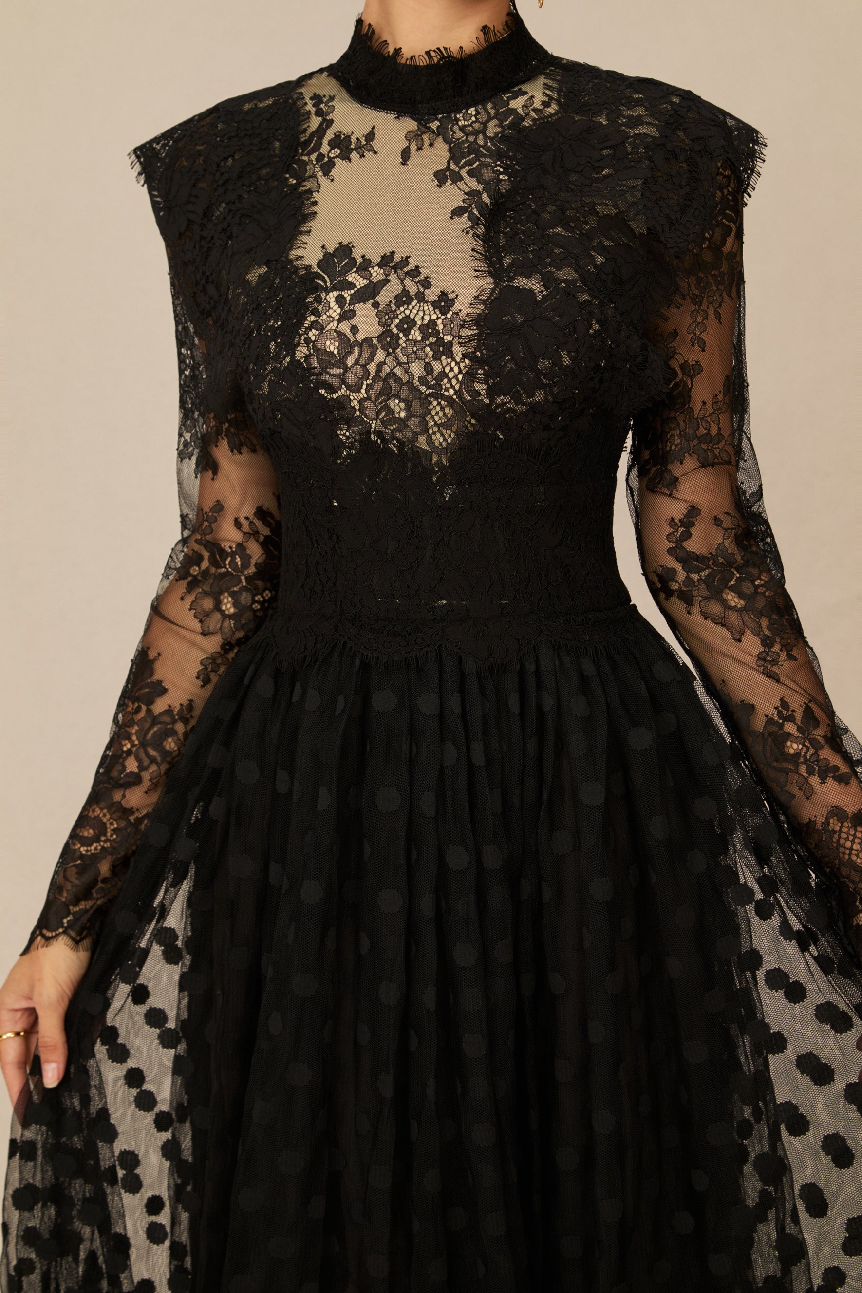Elegant Enchantment Black Polka Dot Lace Maxi Dress