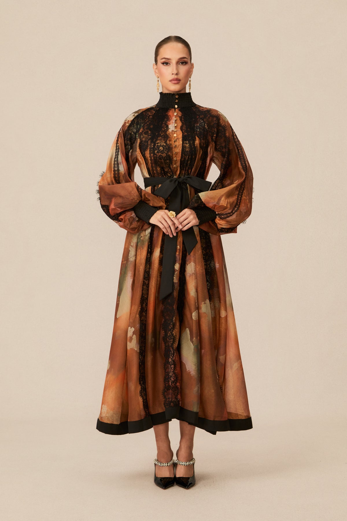 Alluring Glam Orange Lace Panel Midi Dress