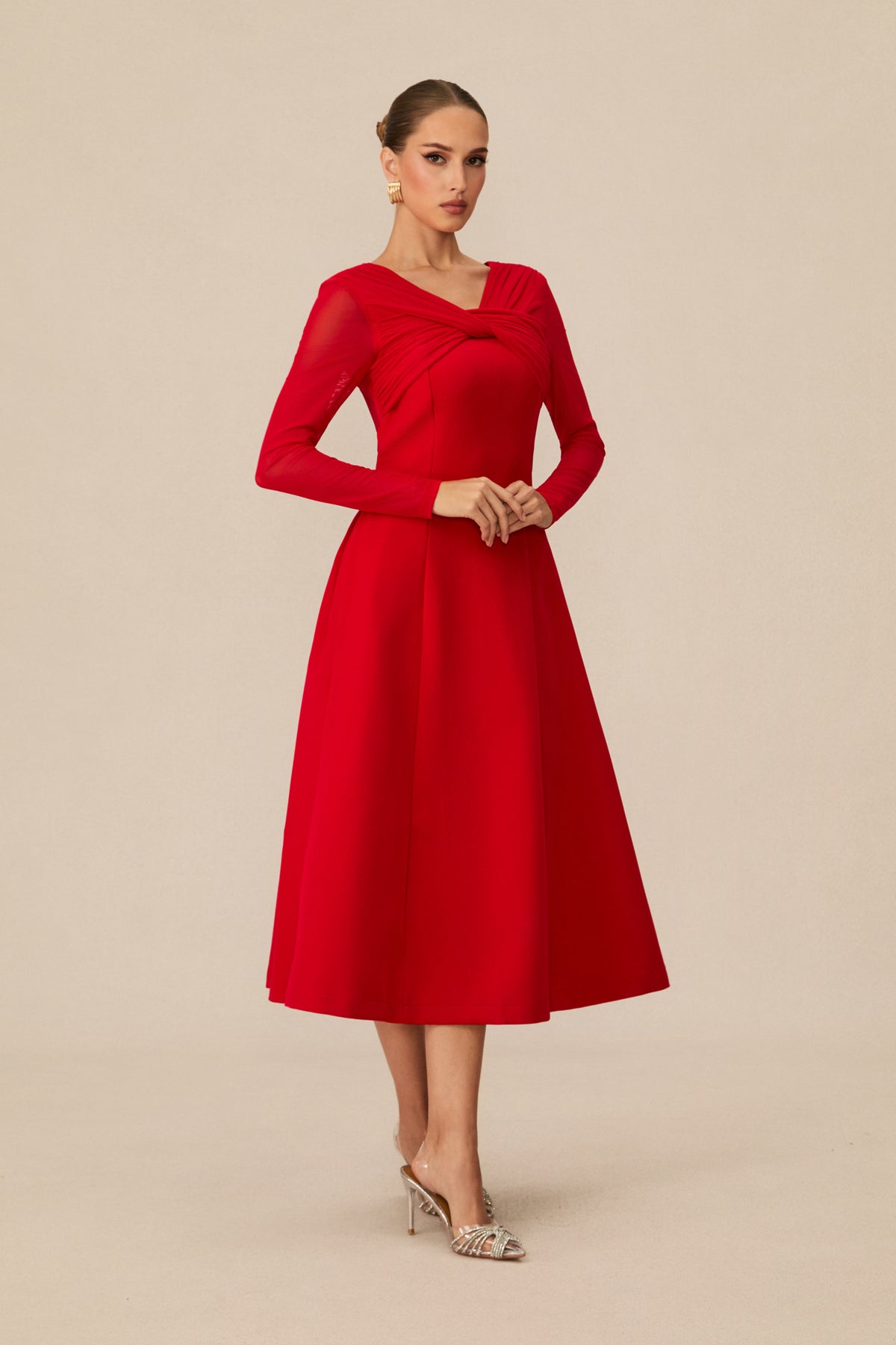 Eye-Catching Red Twist Front Midi Dress