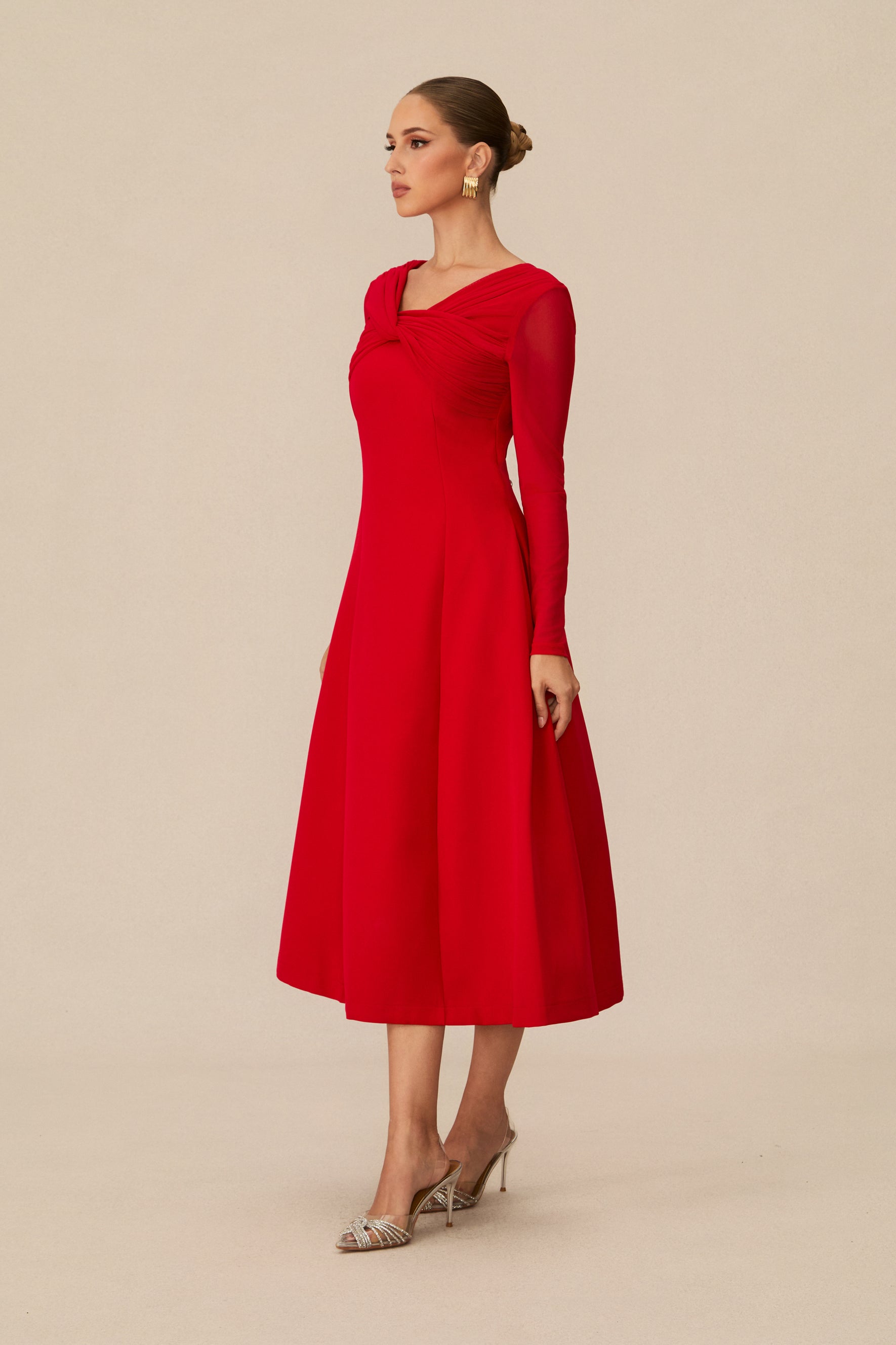Eye-Catching Red Twist Front Midi Dress